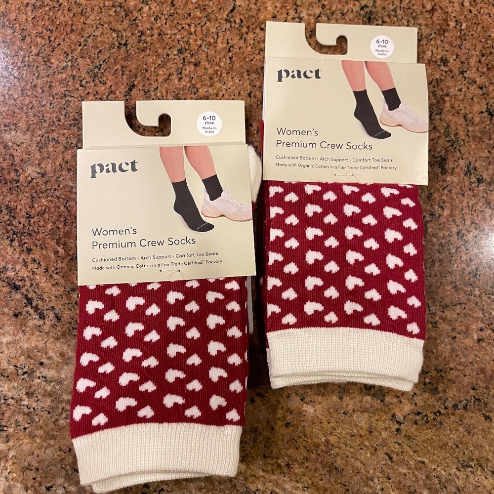 NEW! Pact Hopeful Hearts  Premium Crew Socks Two Pair NWT!